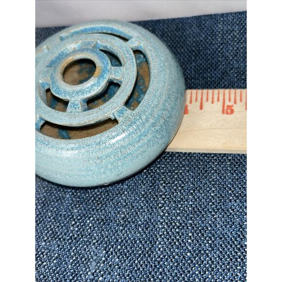 Studio Pottery 4" W 1.25" T 9 Hole Flower Frog Crystalline Glaze Turquoise - Picture 8 of 9